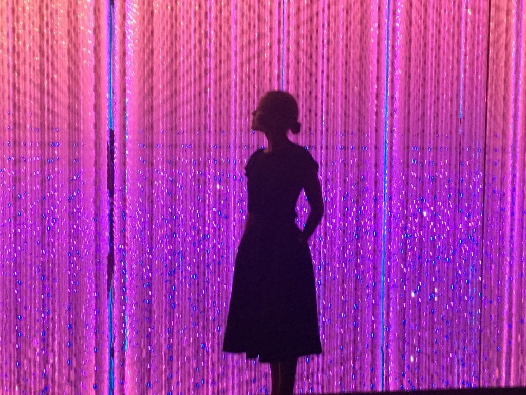 Female silhouette and pink light display.