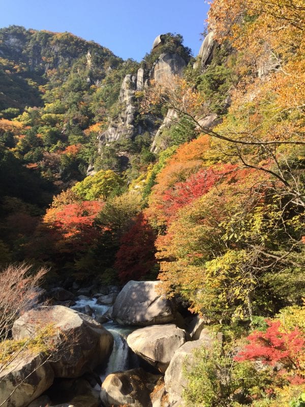 Fall foliage in Shosenkyo Gorge.