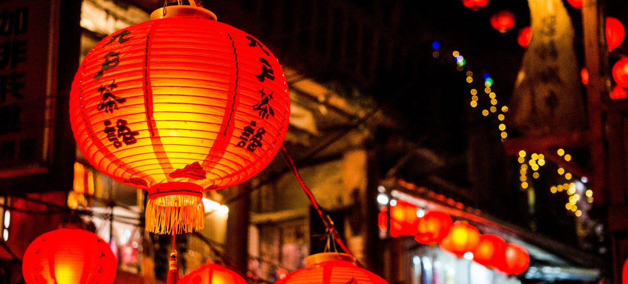 Traditional red lanterns during Nagasaki lantern festival.